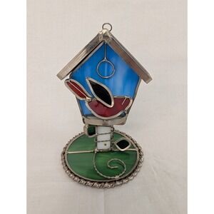 Hand Crafted Stain Glass Bird Birdhouse Figurine Paperweight Decor Cottagecore
